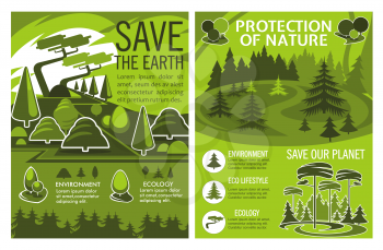 Save Earth planet poster with eco green nature landscape. Ecology and environment protection information banner with green tree and plant for environment conservation and eco lifestyle themes design