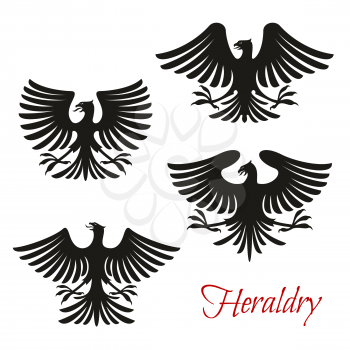 Heraldic eagle symbol set of bird with open wing. Black eagle, falcon or hawk with spread wing and tail feather isolated icon for tattoo, insignia, medieval coat of arms and heraldry themes design