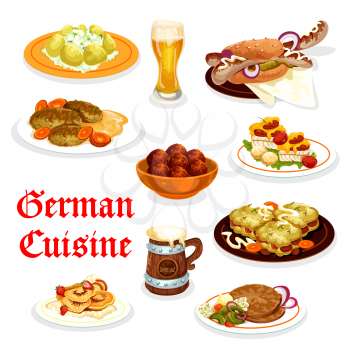 German cuisine festive dinner icon. Pork meat roll with mashed potato, sausage sandwich and beer, baked fish with cheese, meatball and schnitzel, potato casserole and pancake for Oktoberfest design