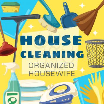 House cleaning poster with cleaning item frame. Spray, brush and sponge, detergent bottle, mop and glove, broom, soap and bucket, laundry, duster and iron, plunger and scraper cartoon banner design