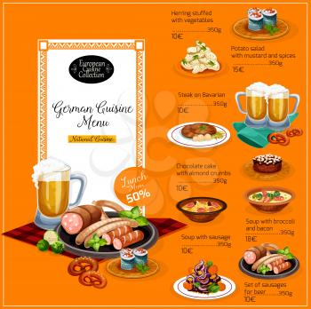 German cuisine restaurant lunch menu with beer and sausage. Potato salad, fish roll with vegetable and beef steak, soup with sausage and bacon, pretzel and chocolate cake dishes with price list