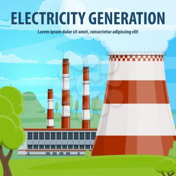 Electricity generation poster with coal or nuclear thermal power station. Industrial plant building with cooling tower, flue gas stack and green tree banner for energy industry and ecology design