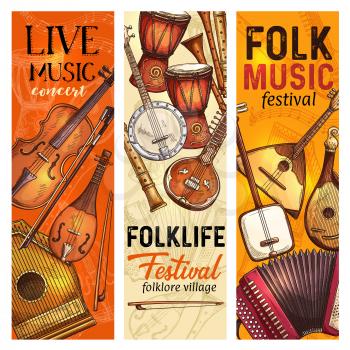Musical instrument banner for live music and folk festival template. Ethnic instrument flyer with italian viola, indian sitar and american banjo, african drum, russian balalaika and accordion sketch