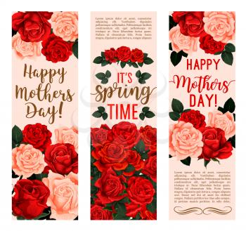 Mother Day bouquet of rose flower greeting banner. Blooming spring flower festive card with red and pink blossom, green leaf and branch for Spring Holiday celebration design