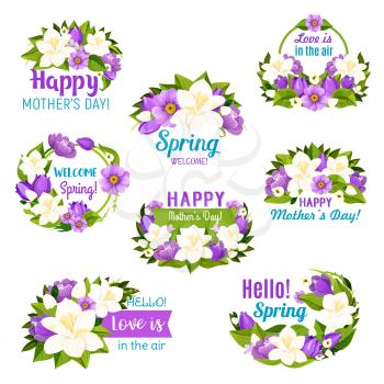 Spring flower and Mother Day floral bouquet icon set. Blooming flower with white and purple blossom of tulip, lily of the valley, azalea and crocus, green leaf and ribbon banner with greeting wishes