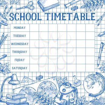 School daily timetable or lesson schedule template. Vector sketch design of school bag and school stationery book or copybook and mathematics calculator, pencil or maple leaf and geometry globe
