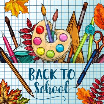 Back to School poster of lessons stationery paint palette and brush, math ruler and chemistry book, September autumn maple and rowan leaf. Vector sketch design on ink pen checkered page background