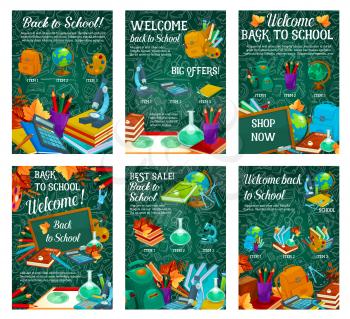 School supplies sale promotion poster template. Discount offer banner set with book, pencil and paint, globe, scissors and backpack, calculator, notebook and microscope on green chalkboard background