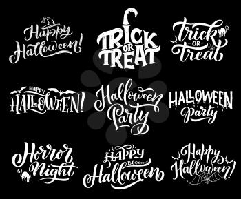 Happy Halloween lettering sketch for greeting cards. Vector calligraphy of trick and treat in pupkin with black witch hat and cat or bat with spider in web for spooky Halloween celebration