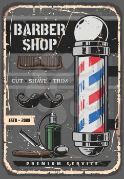 Barbershop vintage vector poster with mustaches and sharp dangerous razor, bottle of cologne and striped barber pole. Man saloon, brutal beauty, beard styling and hairstyle or haircut design