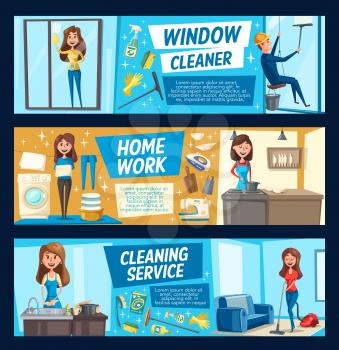 Laundry and cooking, house and window cleaning. Vector woman with domestic chores and chemical means cleaning rooms, dishes or glass. Washing machine, vacuum cleaner, iron and washing supplies