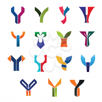 Letter Y abstract isolated vector symbols and icons. Alphabetic icons of unusual forms in bright colors for products or services, badges or signs with curves and swirls