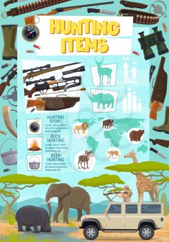 Safari hunting sport items poster. Gun and crossbow, knife and flashlight, binoculars and trap, kettle and bullets. Giraffe and elephant, hippo and lion, bear and goat, hunter with rifle in car vector