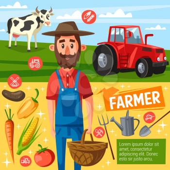 Farm poster with farmer holding basket and harvest with cow near tractor. Livestock animal and agricultural tools, spade and forks, watering can. Carrot and corn, tomato and bell pepper, potato vector