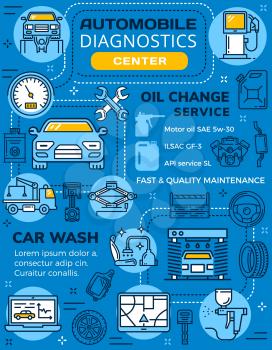 Infographic of car diagnostics and garage station service. Vector vehicle and fuel on line art poster for oil change and car wash. Transport repairing and maintenance, auto parts and mechanical tools