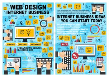 Online business, web design and development posters for Internet startup. Digital marketing and technologies infographic, shopping through computer and mobile phone, tablet chart with diagrams vector