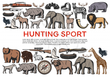 Hunting on animals and guns for hunt poster. Knife and weapon, wildlife animals rhinoceros and elephant, deer and lion, zebra and bear, giraffe, reindeer and rabbit. Savanna sport hobby, birds vector