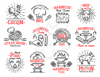 Barbecue icons and signs in line art style. Meat products chicken and beef, steak and sausage, pork and mutton. BBQ steak house symbols, butchers hat and grilling machine isolated vector set