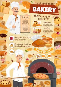 Baker with pizza and desserts menu poster for bakery shop and pastry food. Bread and baguette, cake and roll with jam, toast and donut. Croissant and waffles, gingerbread cookie and cupcake vector