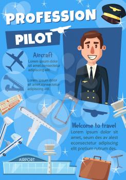 Pilot vacancy poster for transportation profession in airline and travel. Aircraft captain or aviator and airport, airplane, ticket and frame scanner, aircrew member in uniform hiring leaflet vector