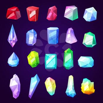 Stones gems and minerals icons for jewelry industry. Rocks and crystals from geological deposits. Diamond and uncut brilliant, amethyst and quartz, garnet and emerald, sapphire and ruby vector