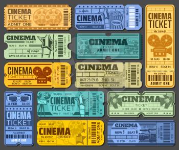 Tickets for cinema and movie show or seance. Paper admission with barcode to watch film at motion picture festival. Camera and popcorn, spotlight and 3d glasses, reel and clapperboard vector