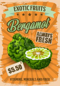 Bergamot fruit with price tag poster for grocery store. Natural exotic product full of vitamins, minerals and fiber. Tropical healthy food for vegans and vegetarians from market or shop vector