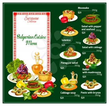 Menu of Bulgarian national cuisine. Moussaka and salad with pepper and seafood, letunica and panagyur, rabbit with mushrooms and cabbage soup, paste with brynza. Healthy fresh food dishes vector