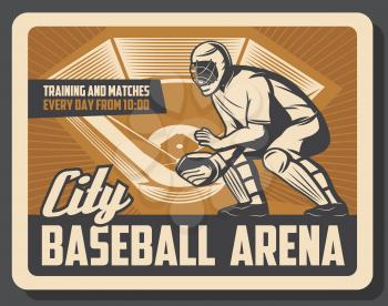 Sport arena for baseball retro poster with catcher in protection. City play field for trainings and matches of professional players. Sportsman in helmet with glove on game announcement banner vector