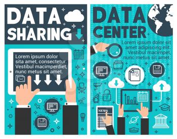 Data center and information sharing banner for internet computer technology concept. Network hosting server and cloud storage database flat poster with computer and tablet pc thin line icon
