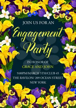 Engagement party floral banner of wedding ceremony invitation template. Festive flower bouquet of spring crocus, calla lily, pansy and jasmine frame border for invite card and greeting postcard design