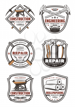 Construction company vintage symbol for house repair, engineering and wallpapering service design. Work tool retro shield badge with trowel, wheelbarrow and pliers, tape measure, roller and wallpaper