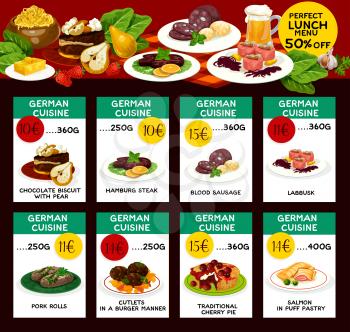 German cuisine traditional food menu price cards. Vector lunch offer design for salmon in puff pastry, cherry pie and pork burger cutlets and rolls, labbusk and blood sausage for Germany restaurant