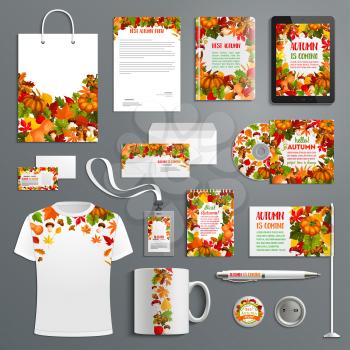 Autumn nature corporate identity template set. Fall season, pumpkin vegetable and forest mushroom frame layout for business card, envelope, letterhead, brochure cover, folder and office stationery