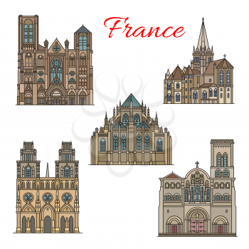 France famous travel landmark buildings and architecture sightseeing facades icons. Vector set of Sainte Croix, Saint Cyr and Julitte or Etienne cathedral, Madeleine church and Saint Lazarus