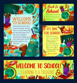 Welcome back to school banner template set with school supplies and education items. Chalkboard with pencil, book and paint, globe, scissors and backpack poster for new school year celebration design