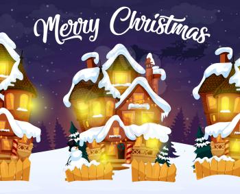 Night village, Merry Christmas greeting card. Houses with light in windows and snowman with firs behind fence. Homes in snow decorated with garlands and door wreath of Xmas tree branches vector