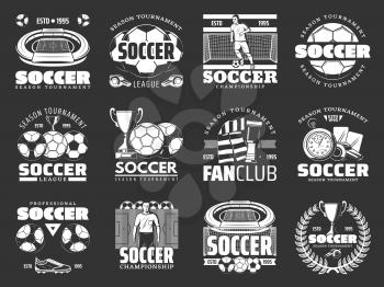 Soccer sport club and football team shield icons. Ball on heraldic shield, champion player, trophy cup and sneakers, referee and stadium. Football field, championship and fan club monochrome symbols