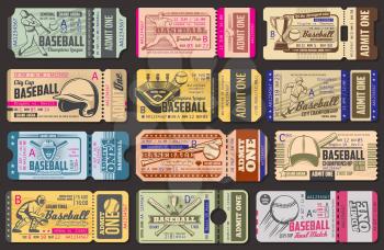 Baseball championship retro admission tickets. Sport item and sportsman in uniform with bat and ball, helmet and stadium, gold cup and cap. World sporting tournament vintage vector tickets