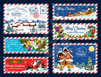 Christmas and New Year holidays postcards. Vector Santa Claus, Xmas gifts and pine trees, snowman, reindeer sleigh and winter village with snowy houses, presents, bell, balls and gingerbread