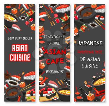 Japanese Sushi bar or Asian restaurant banners design for menu. Vector chopsticks for sushi, sashimi rolls of salmon fish, bento tempura shrimp in rice and soy sauce or ramen noodles soup