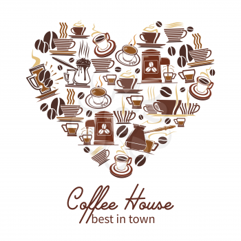Coffeehouse heart poster of coffee cups, maker and grinders icons for cafeteria, of cafe design template. Vector design of hot coffee steam, chocolate mug or americano and espresso with biscuits