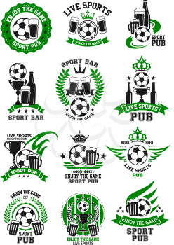 Soccer bar icons templates for live game championship broadcast beer pub. Vector symbols of soccer ball match cup, beer drink bottle or craft draught pint and champion ribbon with stars and crown
