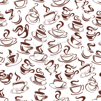 Coffee cup seamless pattern background of hot coffee mug and steam. Vector design of americano, espresso or cappuccino steamy drink in cup for cafe or cafeteria and coffeehouse