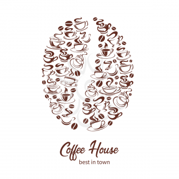 Coffee bean poster of coffee cup icons for coffeehouse or cafe and cafeteria. Vector design template of hot steam of americano, espresso or cappuccino and chocolate drink in cup fo coffeeshop