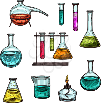 Chemistry beakers and chemical test vials sketch icons for science technology and scientific research. Vector isolated set of chemical tubes for chemist laboratory or experimental science