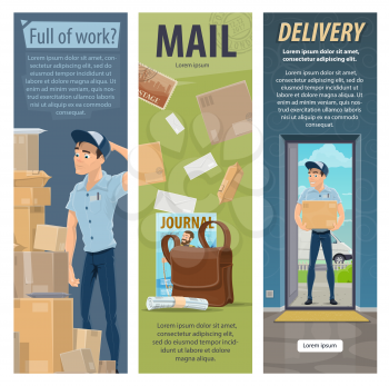 Post mail delivery and postage service banners of post shipping transport and postman at work. Vector flat design of mailman with messenger bag in sorting office to deliver parcels and letter envelops