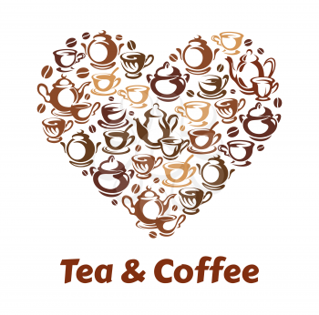 Tea and coffee for coffeehouse vector heart poster of coffee cups for cafe or cafeteria design. Icons of tea mugs with steam, coffee beans or hot chocolate and teapot for coffeeshop
