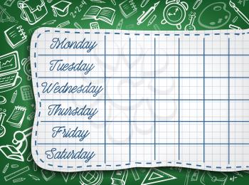 School timetable of lesson schedule template. Weekly lesson plans on green chalkboard, decorated with pattern of school supplies and student stationery sketches for education poster design