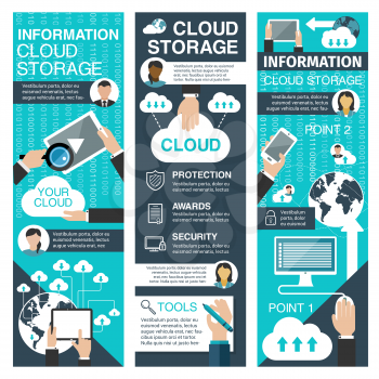 Cloud technologies vector banner. Concept of online storage and remote access from mobile devices. Infographic design with cloud computing elements. Smartphone, monitor, tablet and other tools.